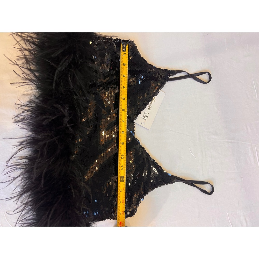NWT 12th Tribe black sequin and maribu feather crop top size small - Picture 4 of 8